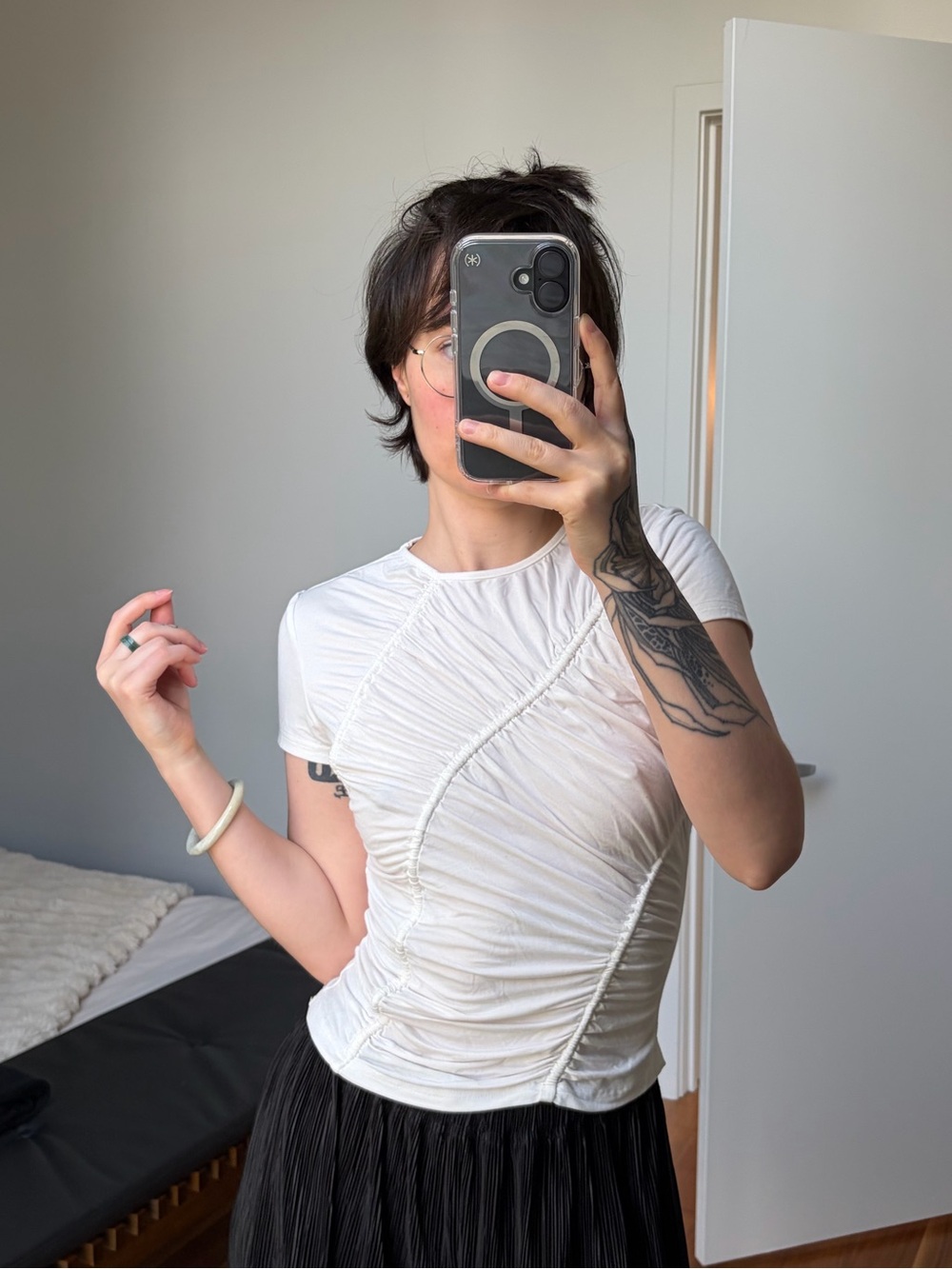 White Short-Sleeve Ruched Tee - Women